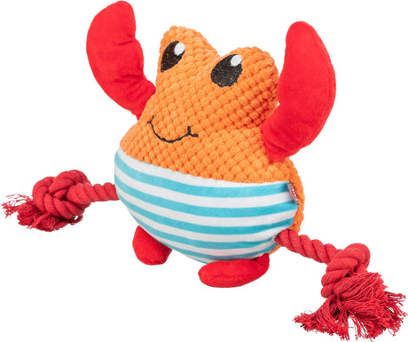 Buntes Kuscheltier in Form eines orangen Krabben mit blauen Streifen und roten Seilknotenarmen.