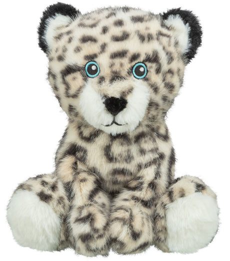 Plüschleopard mit gepunktetem Fellmuster und blauen Augen sitzt frontal auf weißem Hintergrund.