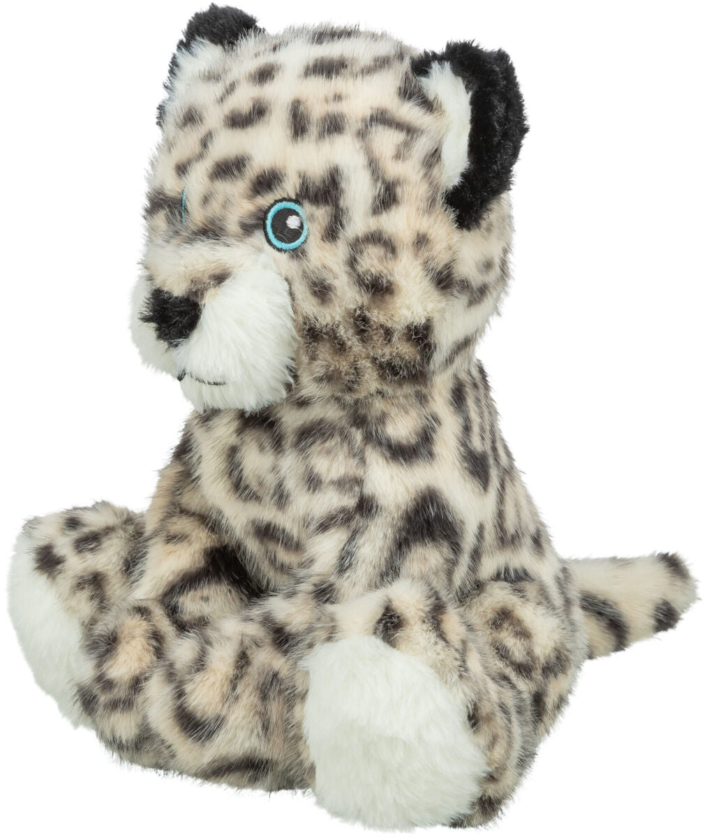Plüsch-Tier in Leopardenoptik mit schwarzen Ohren, hellen Pfoten und blauen Augen im Sitzen.