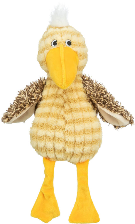 Ein gelbes Plüschspielzeug in Vogelgestalt mit gestreiftem Körper, braunen Flügeln und einem orangefarbenen Schnabel.