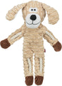 Plüschhundespielzeug aus beigem Stoff mit gestrickter Struktur, braunen Pfoten und weißem Gesicht mit aufgedrucktem Lächeln.