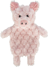 Plüschiges, rosa Schweinespielzeug mit weicher Textur und schwarzen Augen, in stehender Position dargestellt.