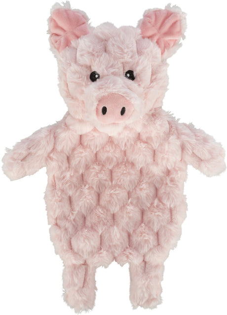 Plüschiges, rosa Schweinespielzeug mit weicher Textur und schwarzen Augen, in stehender Position dargestellt.