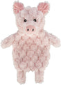 Plüschiges, rosa Schweinespielzeug mit weicher Textur und schwarzen Augen, in stehender Position dargestellt.