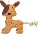 Spielzeug aus Stoff in Hundeform mit einem knotenförmigen Seil als Schwanz und bunten Punkten auf dem Körper.