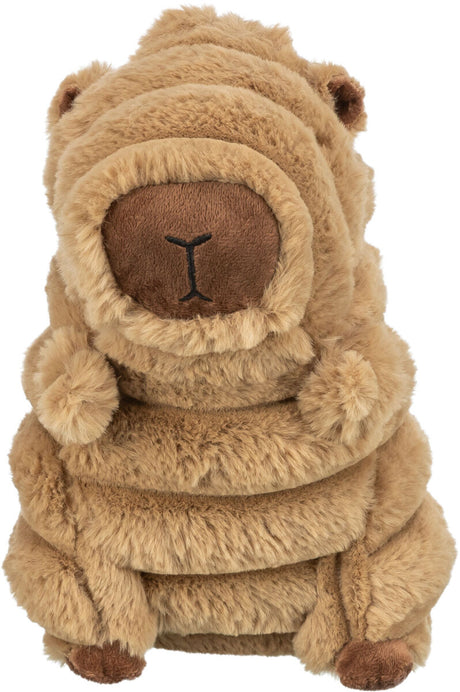 Plüschspielzeug in Bärenform, braun und flauschig, mit aufgesticktem Gesicht und zusammengerollter Struktur.