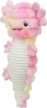 Plüschspielzeug in Form eines rosa und cremefarbenen Tieres mit schwarzen Augen und mehreren flauschigen Details.