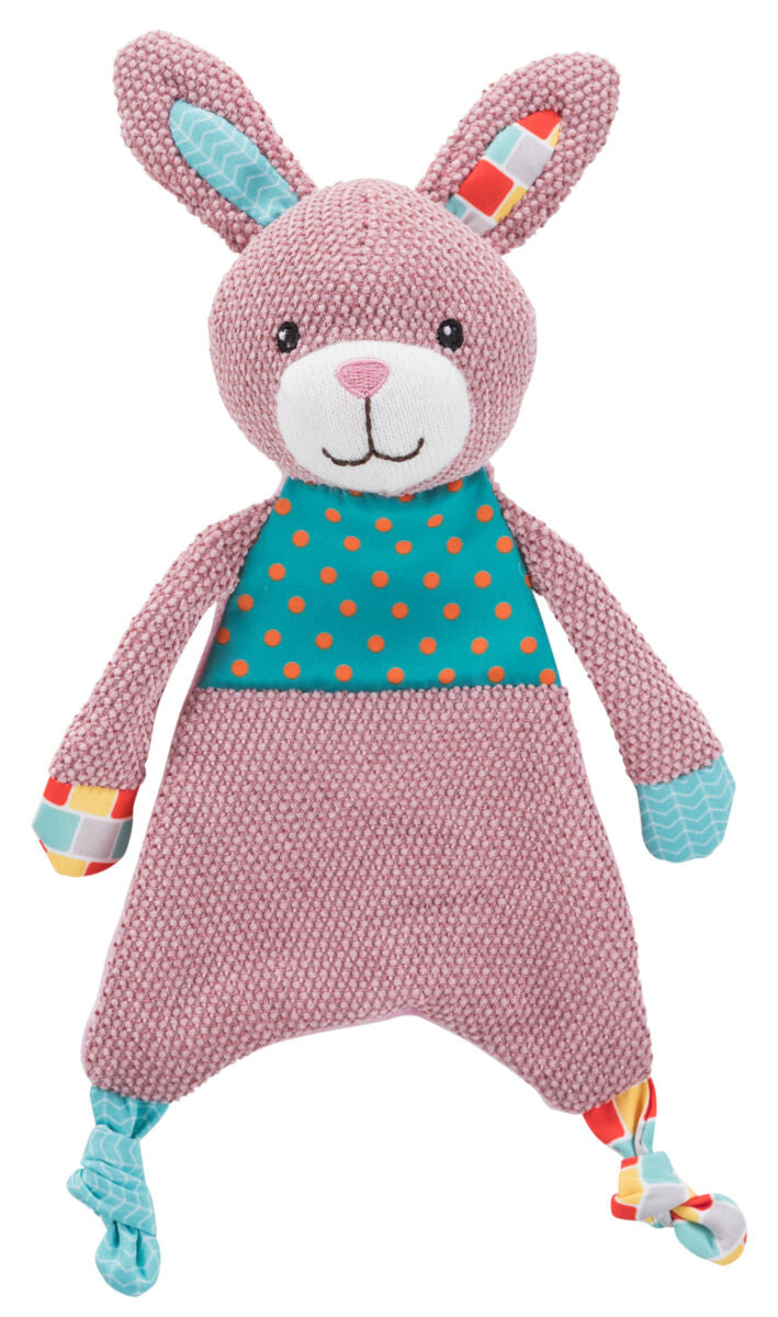 Ein rosa Plüschspielzeug in Form eines Hasen mit langen Ohren, einem gepunkteten türkisfarbenen Bauch und bunten Details.
