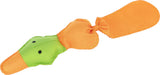 Grünes und oranges Hundespielzeug in Tierform mit schwarzem Punktdetail.