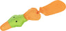 Grünes und oranges Hundespielzeug in Tierform mit schwarzem Punktdetail.