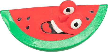 Rote und grüne Melonenscheibe mit fröhlichem Gesicht inklusive großer Augen und einem breiten Lächeln.