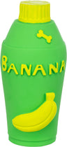 Grüne Flasche mit gelbem Verschluss, gelbem Knochenmotiv und Banane, Aufschrift "Banana".