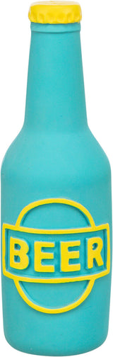 Türkisfarbene Flasche mit gelbem Verschluss und gelbem "BEER"-Textmotiv auf der Vorderseite.