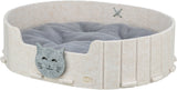 Beige Katzenbett aus Filz mit grauem plüschigem Innenkissen und einer Katzenverzierung an der Seite.