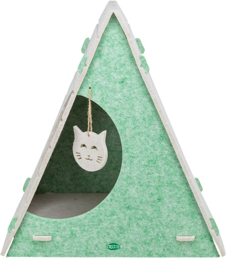 Grüne dreieckige Höhle mit Katzenmotiv-Anhänger, Öffnung auf der Vorderseite, aus Filzmaterial.
