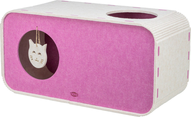 Rechteckige, rosa-weiße Box mit rundem Loch und Katze aus Holz im Inneren, sichtbares Trixie-Logo.