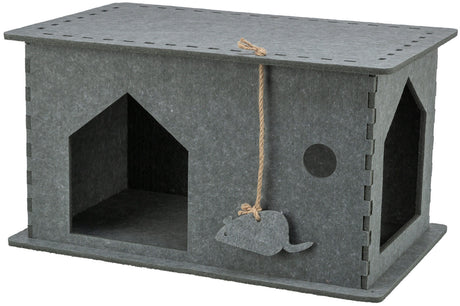 Rechteckige, graue Filzhöhle mit zwei offenen, haubenlosen Eingängen und einer angehängten grauen Filzmaus.