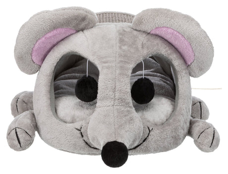 Graue plüschige Tierhöhle in Form einer Maus mit großen Ohren und rosa Innenseiten sowie hängenden schwarzen Bommeln.