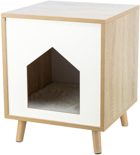 Holzfarbene Höhle mit weißer Front und dreieckigem Eingang auf vier Beinen.