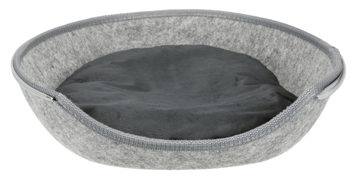 Graues, rundes Bett mit hochgezogenem Rand und leicht gepolsterter, dunklerer Liegefläche.