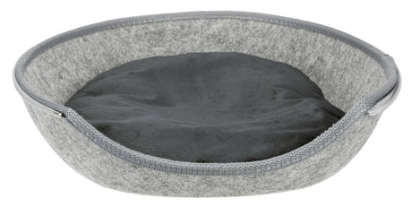Graues, rundes Bett mit hochgezogenem Rand und leicht gepolsterter, dunklerer Liegefläche.