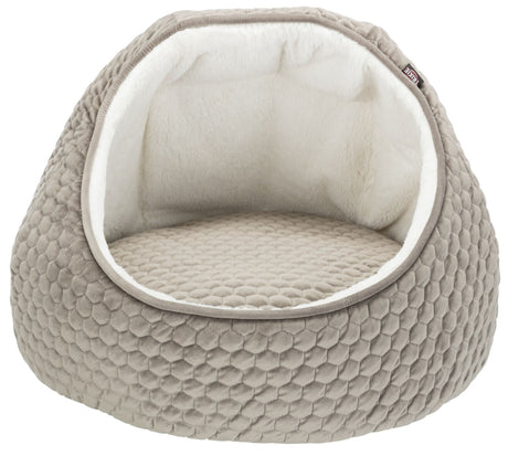 Kleine, runde, kuschelige Höhle in beige mit Wabenmuster und weichem, weißem Innenfutter.