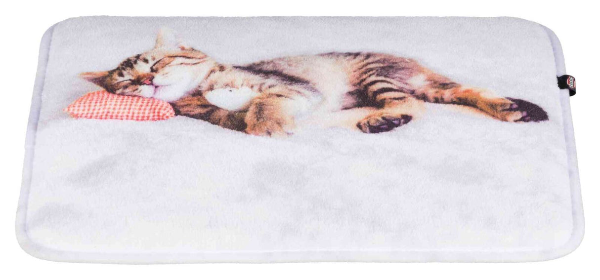 Katzenmotiv auf weicher, weißer Decke, zeigt schlafende Katze mit kleinem rot-weiß kariertem Kissen.