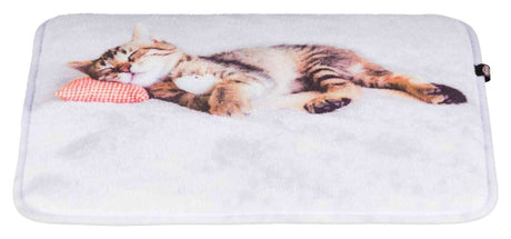 Katzenmotiv auf weicher, weißer Decke, zeigt schlafende Katze mit kleinem rot-weiß kariertem Kissen.