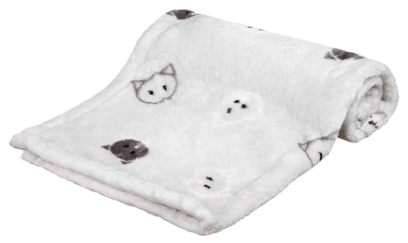 Weiße, weiche Decke mit grauen und schwarzen Katzenmotiven, zusammengerollt dargestellt.