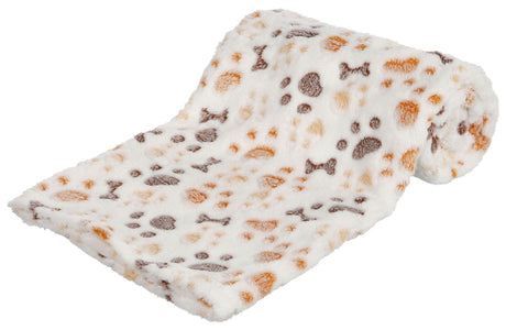 Weiß geflecktes Kuscheltuch mit braunen und orangen Pfoten- und Knochenmustern auf weichem Stoff.