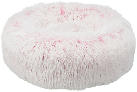 Helles, rundes, flauschiges Bett mit rosa und weißen langen Haaren.