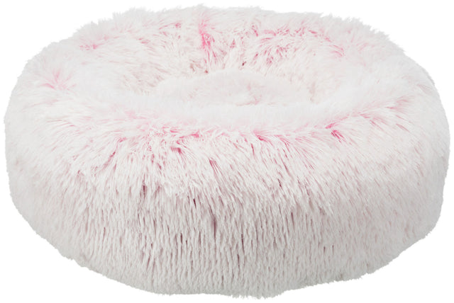 Helles, rundes, flauschiges Bett mit rosa und weißen langen Haaren.