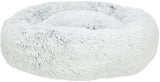 Rundes, flauschiges Bett in Grau mit dicker, weicher Polsterung und plüschiger Oberfläche.