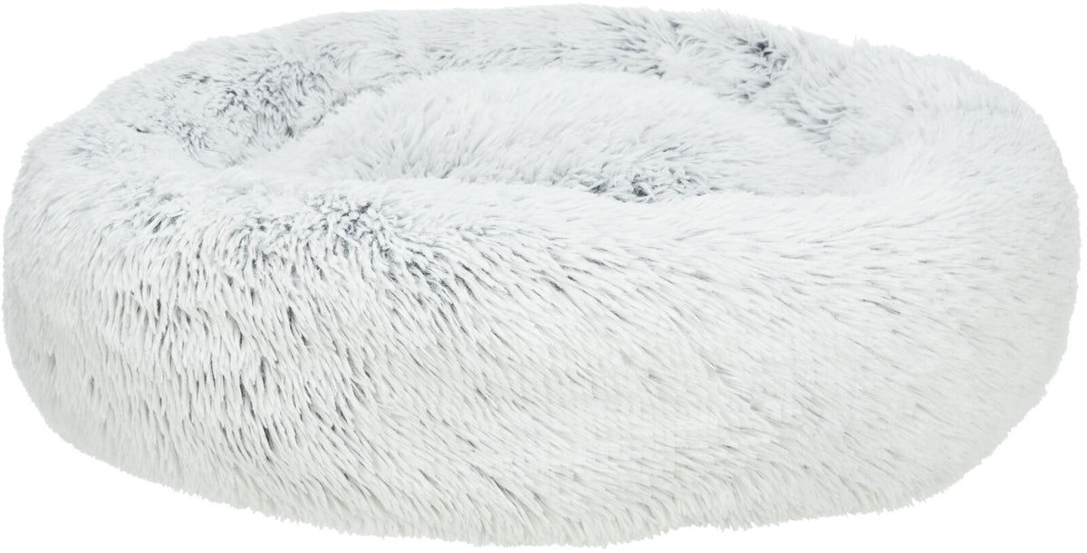 Rundes, flauschiges Bett in Grau mit dicker, weicher Polsterung und plüschiger Oberfläche.