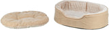 Beige gepolstertes Haustierbett mit rundem Kissen, weiches Innenfutter und flauschige Oberfläche.
