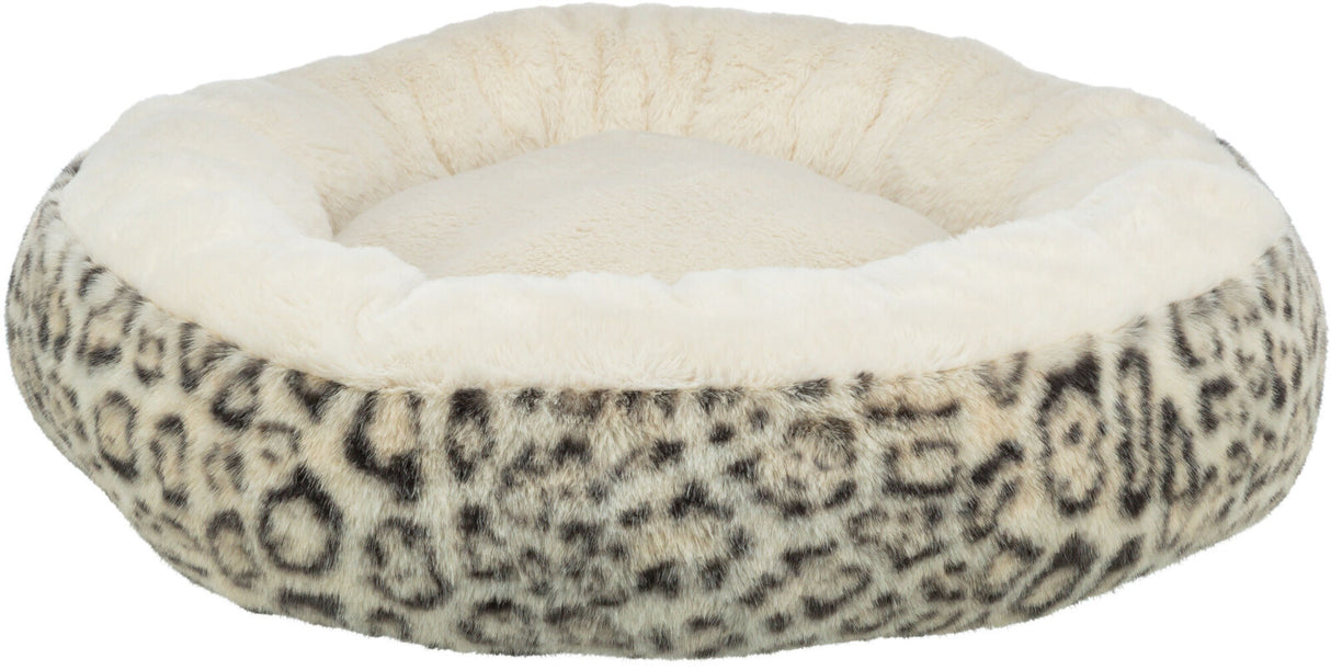 Rundes, cremefarbenes Tierbett mit Leopardenmuster am Rand, plüschig und flauschig gepolstert.