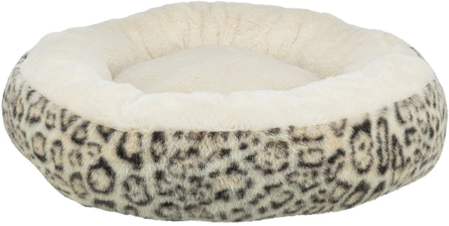 Rundes, cremefarbenes Tierbett mit Leopardenmuster am Rand, plüschig und flauschig gepolstert.
