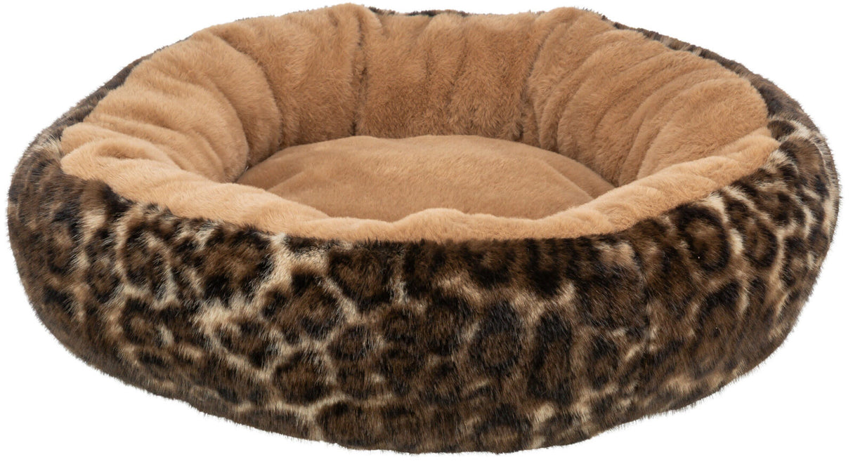 Rundes Tierbett mit Leopardenmuster an den Seiten und hellbraunem, plüschigem Innenbereich.