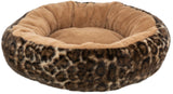Rundes Tierbett mit Leopardenmuster an den Seiten und hellbraunem, plüschigem Innenbereich.
