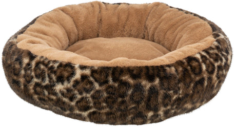 Rundes Tierbett mit Leopardenmuster an den Seiten und hellbraunem, plüschigem Innenbereich.