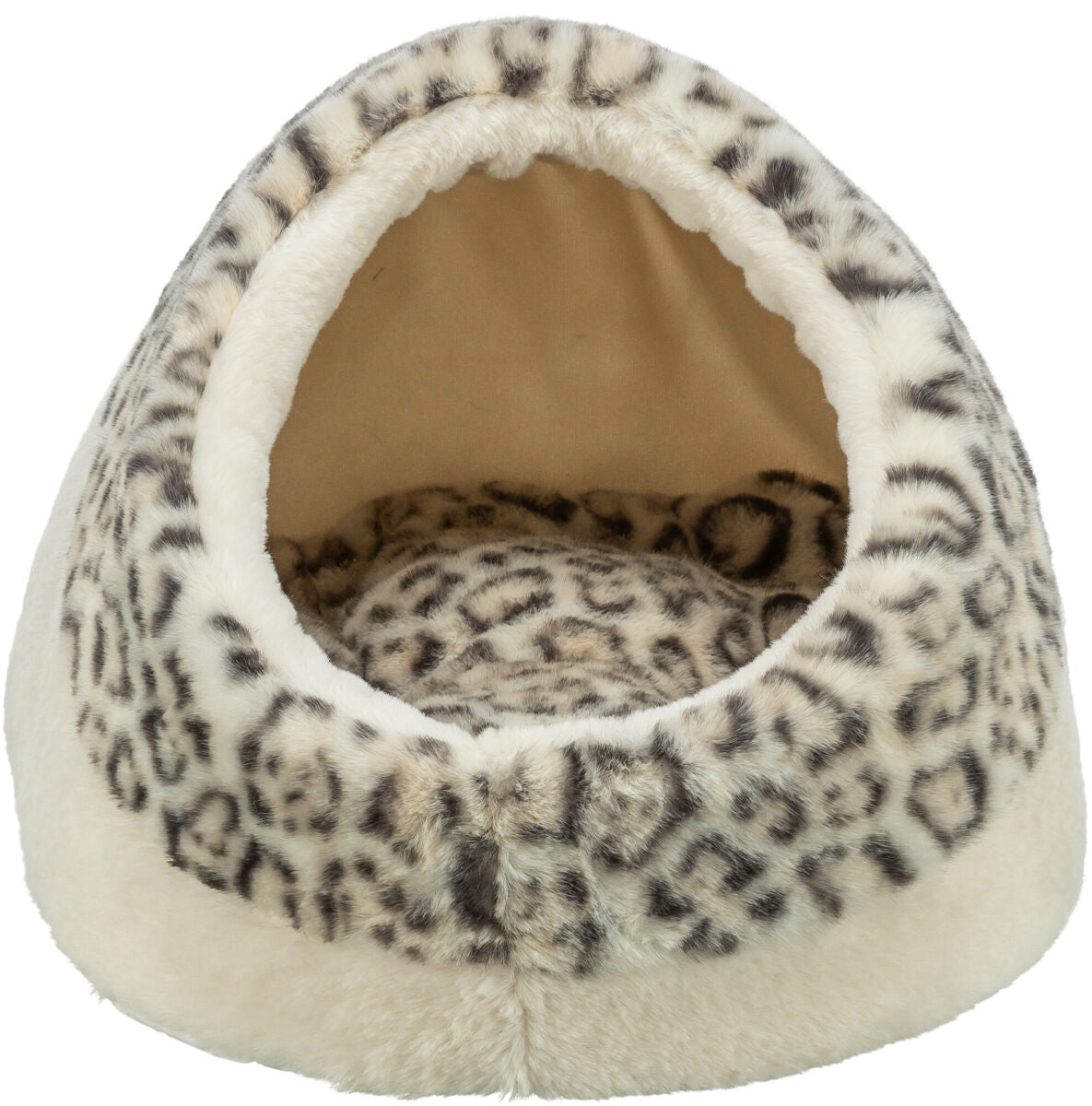 Weißes und cremefarbenes Tierhöhlenbett mit Leopardenmuster und weichem, plüschigem Material.