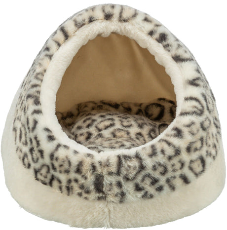 Weißes und cremefarbenes Tierhöhlenbett mit Leopardenmuster und weichem, plüschigem Material.