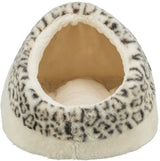 Kuschelige, plüschige Höhle mit Leopardenmuster in Beige und Schwarz, von vorne fotografiert.
