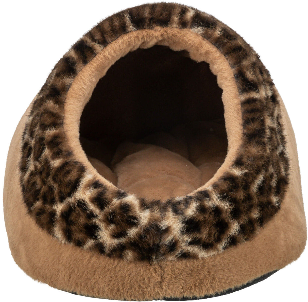 Braune, flauschige Tierhöhle mit einem Leopardenmuster-Rand und einer großen, runden Öffnung.