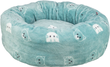 Aqua-farbenes plüschiges Bett mit Kätzchenmuster, runder hoher Rand, weich und gemütlich.
