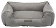 Graues Haustierbett in rechteckiger Sofaform mit erhöhtem Rand und einem Etikett "homeEdition Trixie".