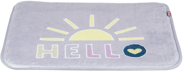 Lila Matte mit gelbem Halbkreis und Strahlen, darunter der Text "HELLO" und ein blaues Herzsymbol.