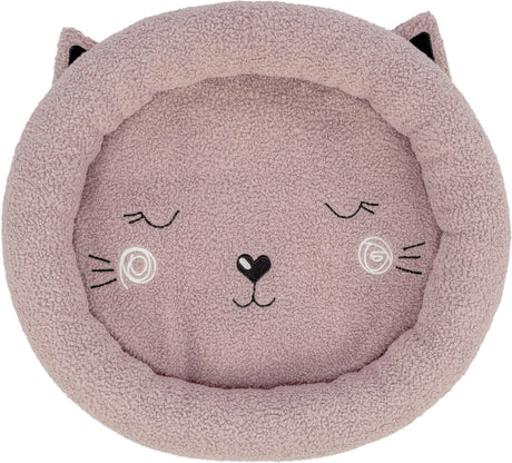 Rundes, flauschiges Kissen in Form eines Katzenkopfes mit geschlossenen Augen und aufgesticktem Gesicht, rosa.