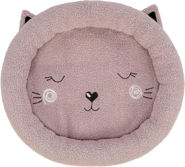 Rundes, flauschiges Kissen in Form eines Katzenkopfes mit geschlossenen Augen und aufgesticktem Gesicht, rosa.