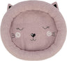 Rundes, flauschiges Kissen in Form eines Katzenkopfes mit geschlossenen Augen und aufgesticktem Gesicht, rosa.